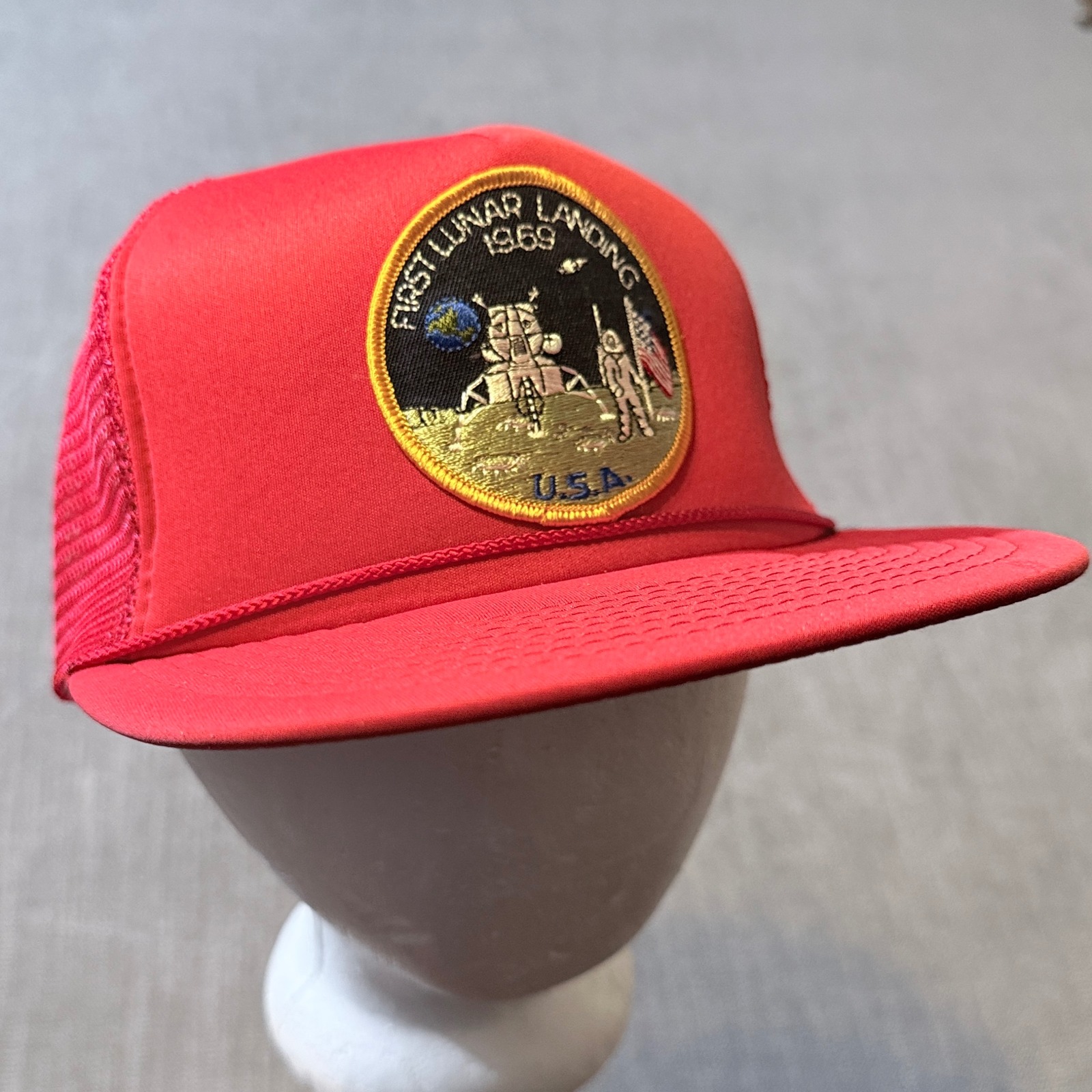 Vintage Armadillo Brand First Lunar Landing 1969 Red Trucker Hat Nasa Snapback